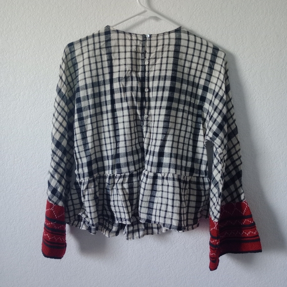 Zara Women's Embroidery Top Blouse Black and White Plaid size Medium - Picture 6 of 11